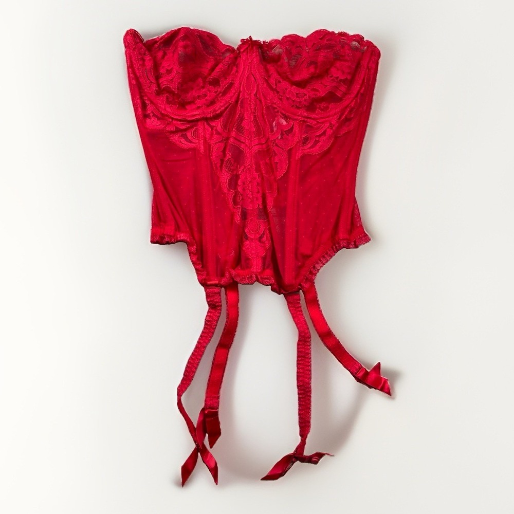 Vintage VANITY FAIR Bra BUSTIER Size 38 Red Floral LACE Sheer GARTER Belt Corset